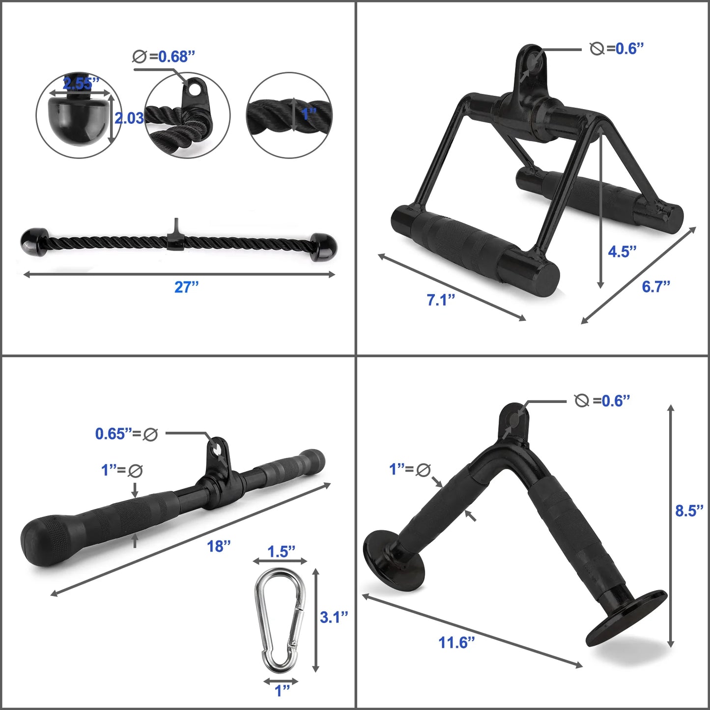 Tricep Press down Cable Exercises Attachment, V Handle with Rotation, Rotating Bar, Tricep Rope, V-Shaped Bar, Weight Machine Accessories Set of 4, Black