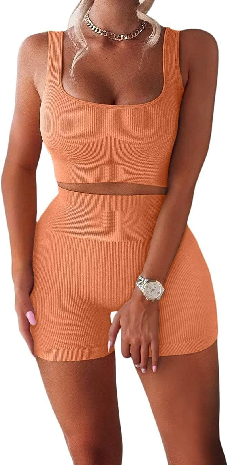 Women's Ribbed Seamless Workout Set - High Waist Tank and Yoga Shorts Ensemble