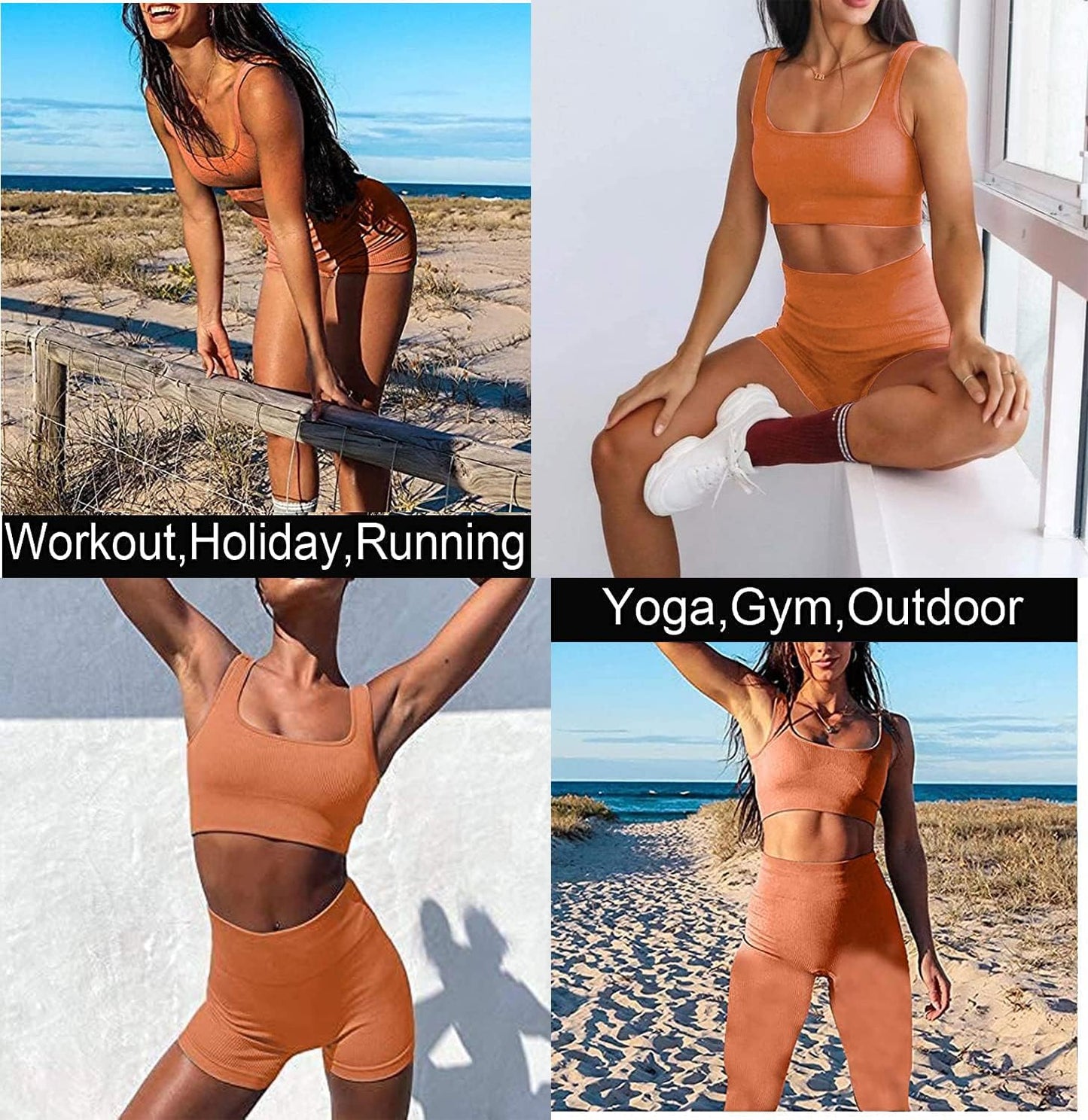 Women's Ribbed Seamless Workout Set - High Waist Tank and Yoga Shorts Ensemble
