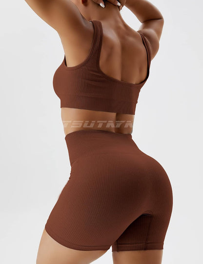 Women's Seamless Workout Sets: 2-Piece Ribbed Biker Shorts and Crop Tank Top for Casual Yoga - Coffee, Size L