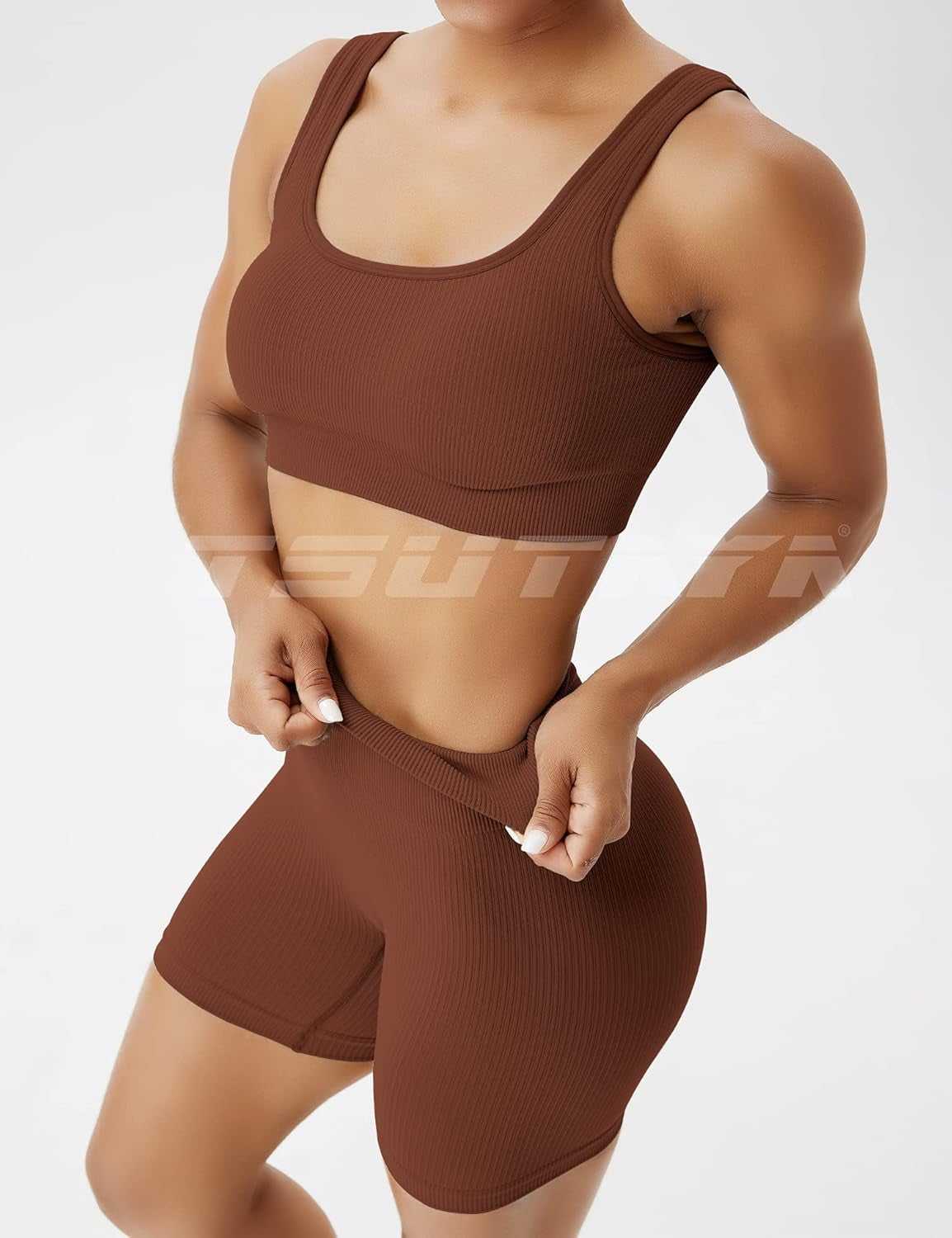 Women's Seamless Workout Sets: 2-Piece Ribbed Biker Shorts and Crop Tank Top for Casual Yoga - Coffee, Size L
