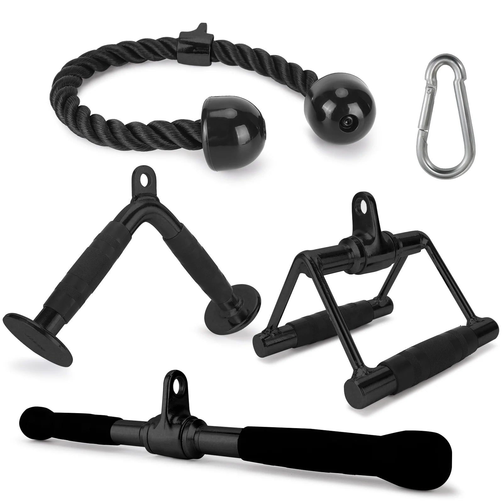 Tricep Press down Cable Exercises Attachment, V Handle with Rotation, Rotating Bar, Tricep Rope, V-Shaped Bar, Weight Machine Accessories Set of 4, Black