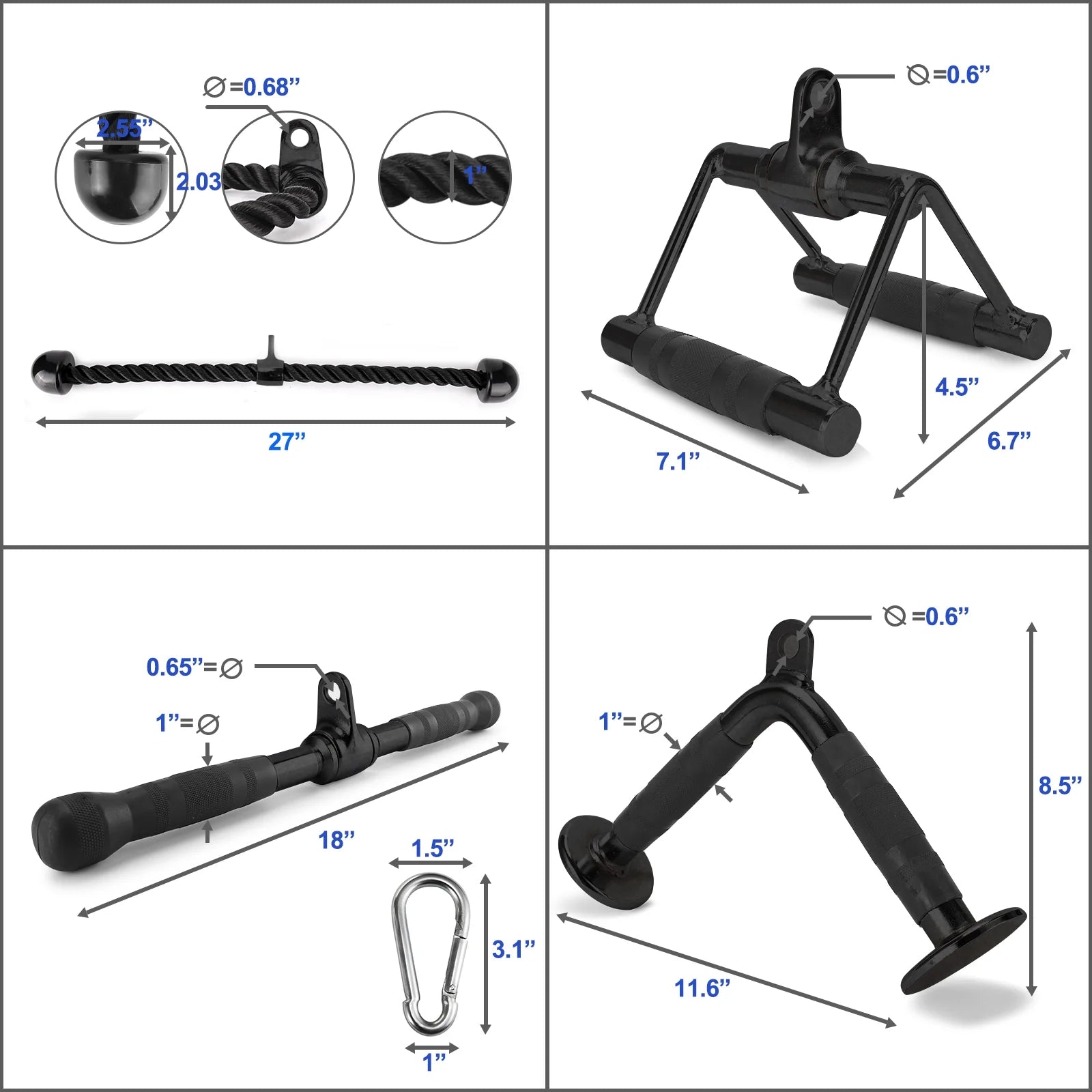 Tricep Press down Cable Exercises Attachment, V Handle with Rotation, Rotating Bar, Tricep Rope, V-Shaped Bar, Weight Machine Accessories Set of 4, Black