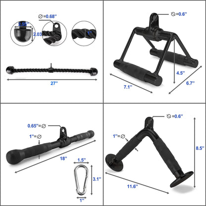 Tricep Press down Cable Exercises Attachment, V Handle with Rotation, Rotating Bar, Tricep Rope, V-Shaped Bar, Weight Machine Accessories Set of 4, Black